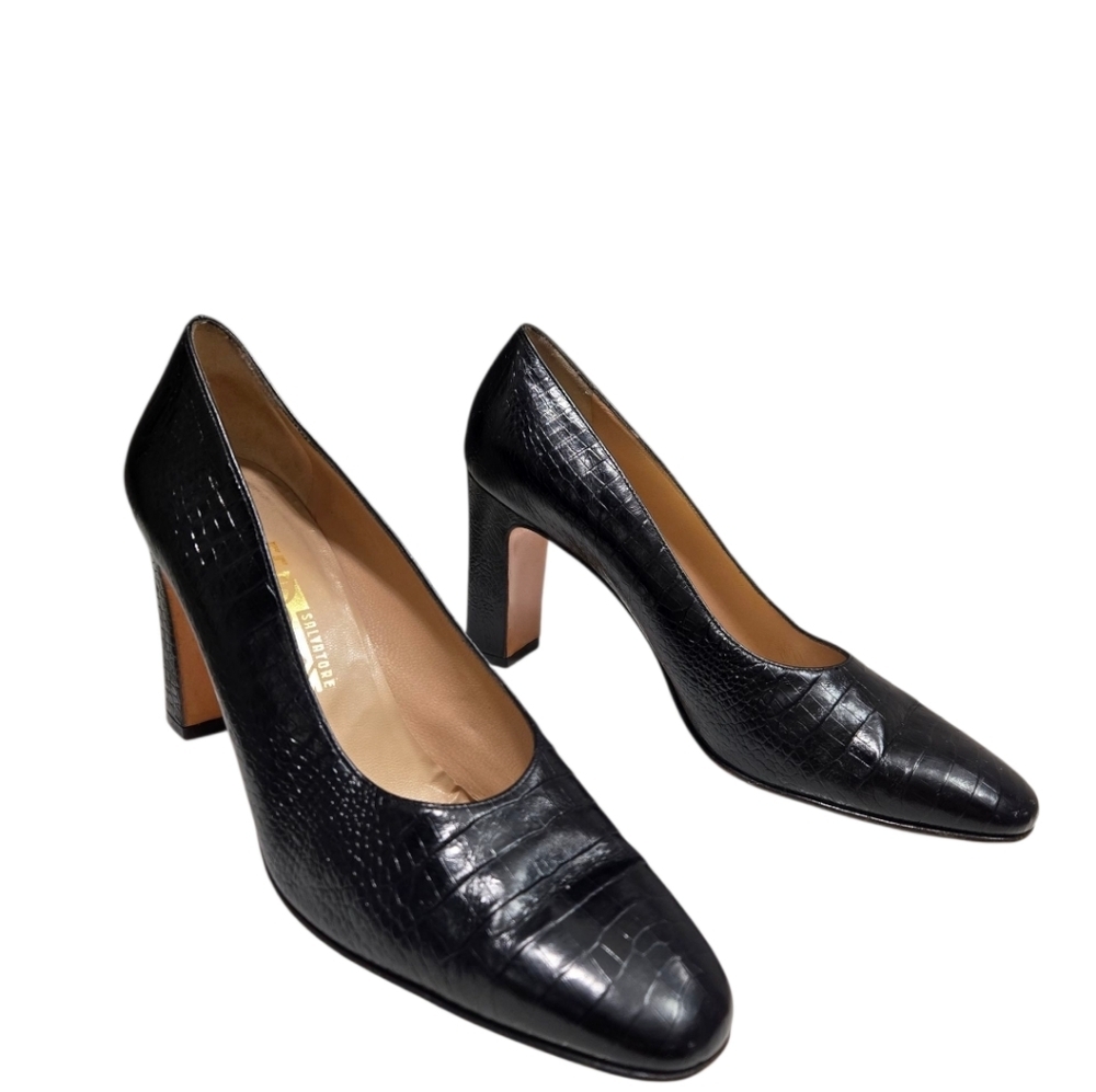 Salvatore Ferragamo Black Pumps Size 9 AA Leather Croc Embossed Heels Italy - Picture 5 of 15